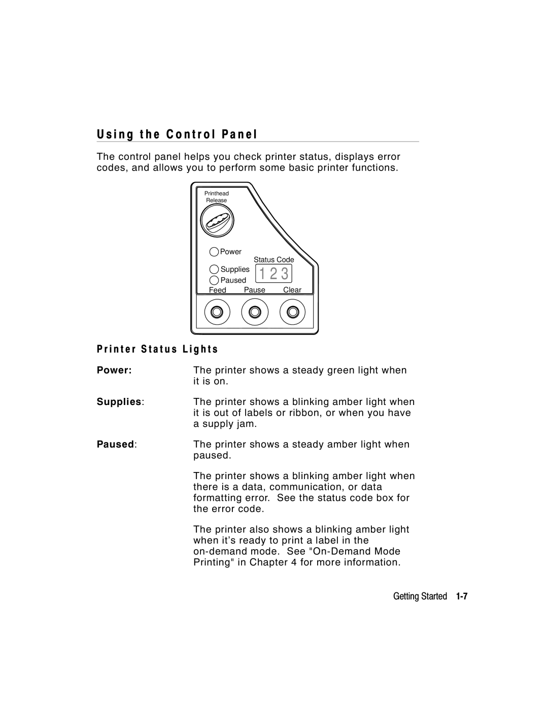 Monarch 9800 Series manual I n g t h e C o n t r o l P a n e l, I n t e r S t a t u s L i g h t s 