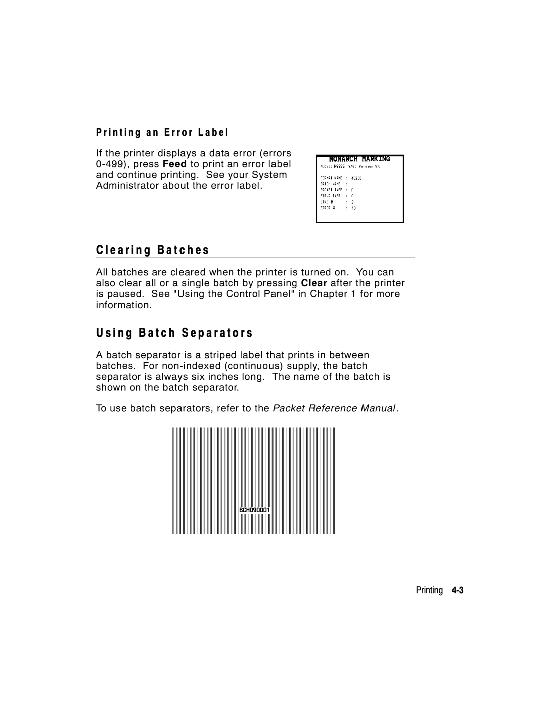 Monarch 9800 Series manual E a r i n g B a t c h e s, I n g B a t c h S e p a r a t o r s, I n t i n g a n Error L a b e l 