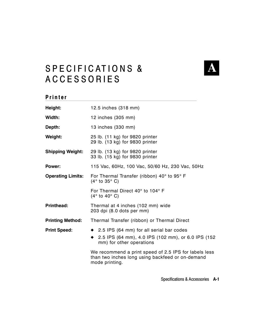 Monarch 9800 Series manual E C I F I C AT I O N S & a C C E S S O R I E S, I n t e r 