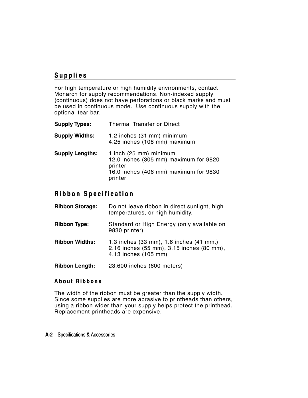 Monarch 9800 Series manual P p l i e s, B b o n Specification, O u t R i b b o n s 