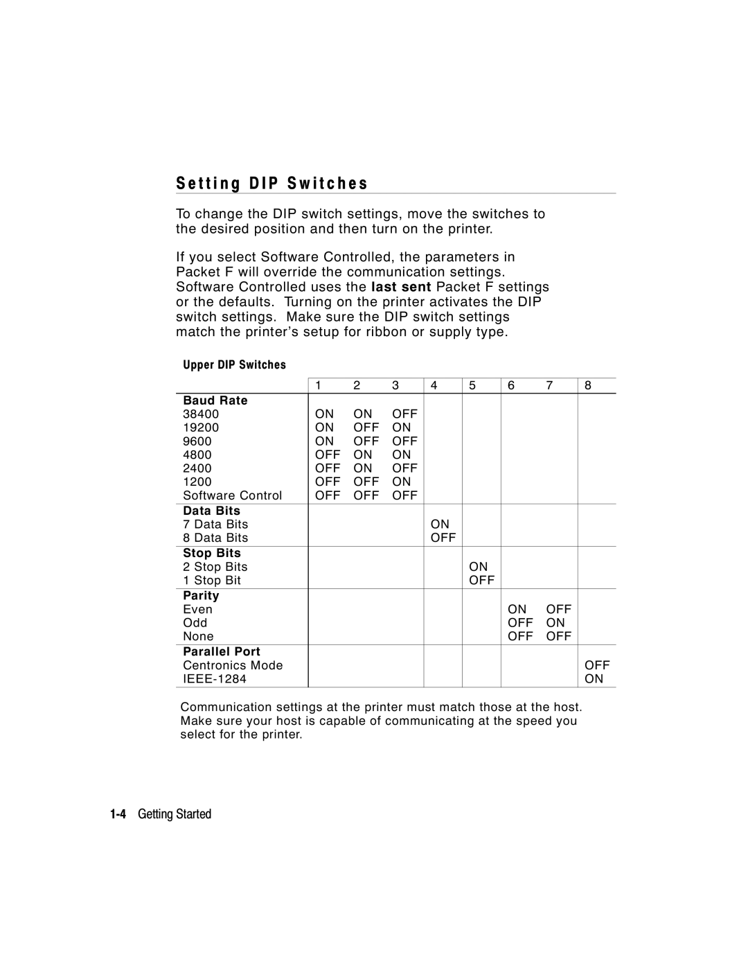 Monarch 9800 manual T t i n g D I P S w i t c h e s, Parallel Port 