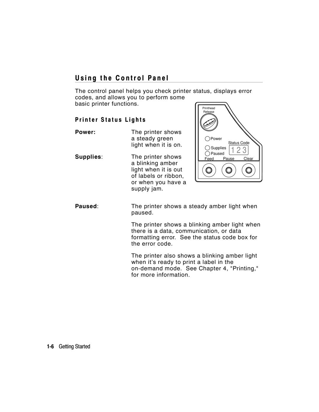 Monarch 9800 manual I n g t h e C o n t r o l P a n e l, I n t e r S t a t u s L i g h t s 