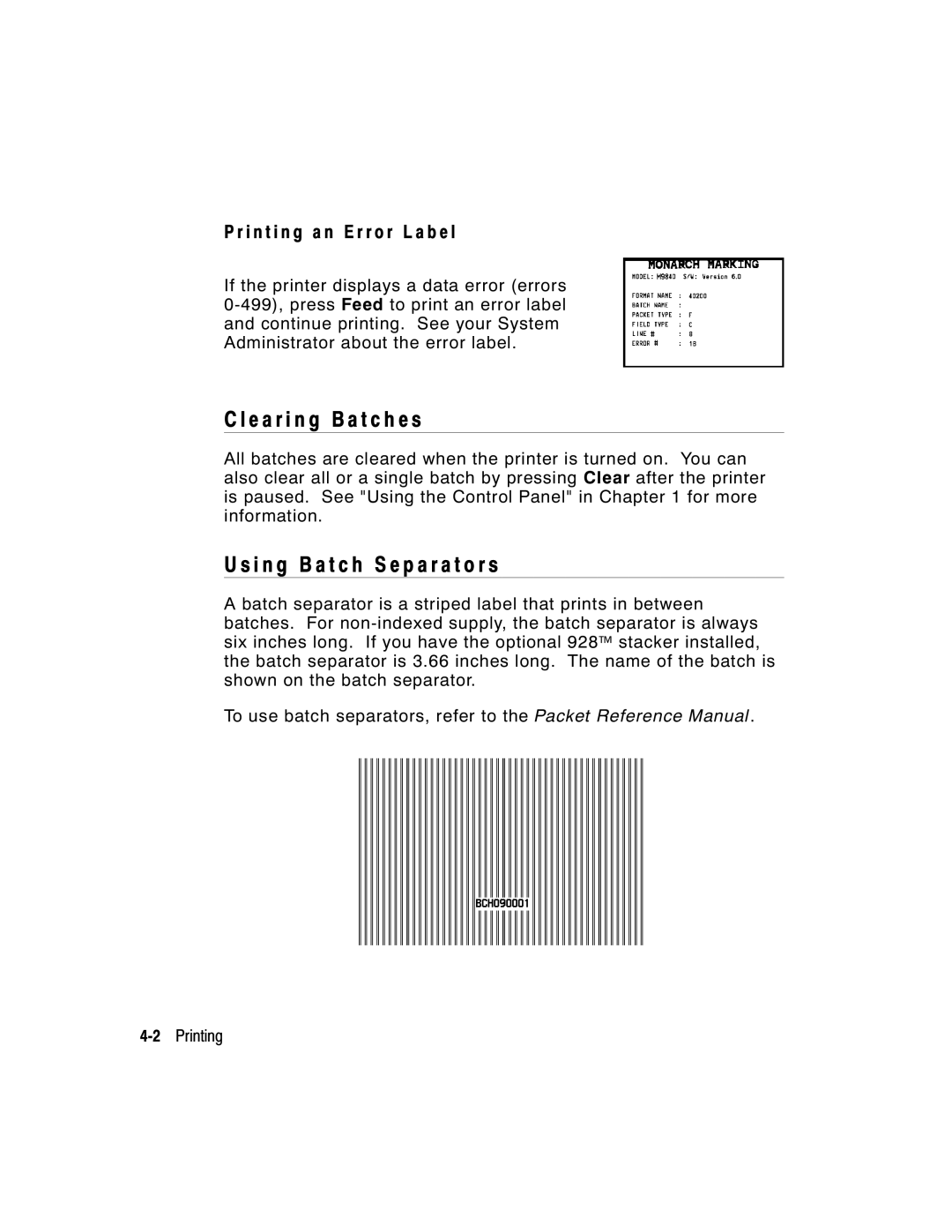 Monarch 9800 manual E a r i n g B a t c h e s, I n g B a t c h S e p a r a t o r s, I n t i n g a n Error L a b e l 