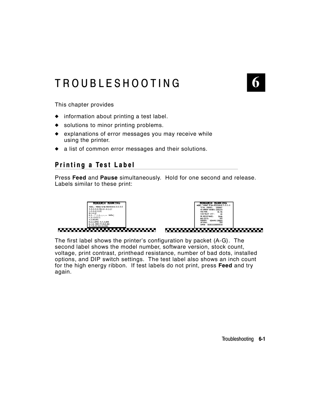 Monarch 9800 manual Troubleshooting, I n t i n g a Te s t L a b e l 