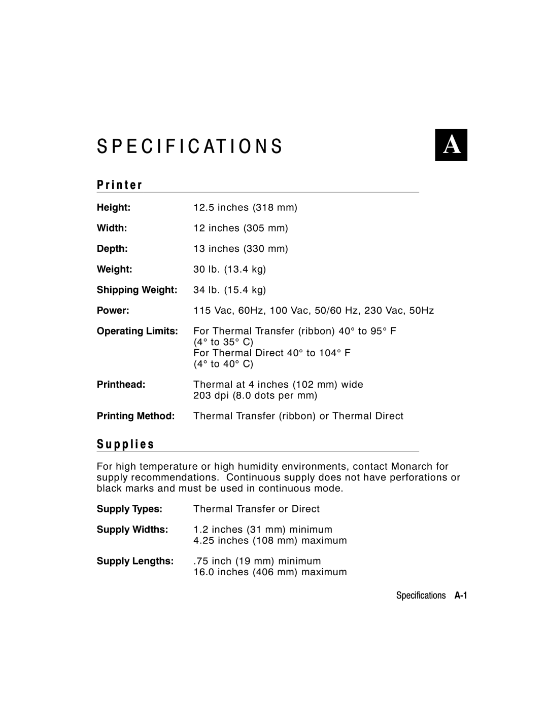 Monarch 9800 manual Specification S, I n t e r, P p l i e s 