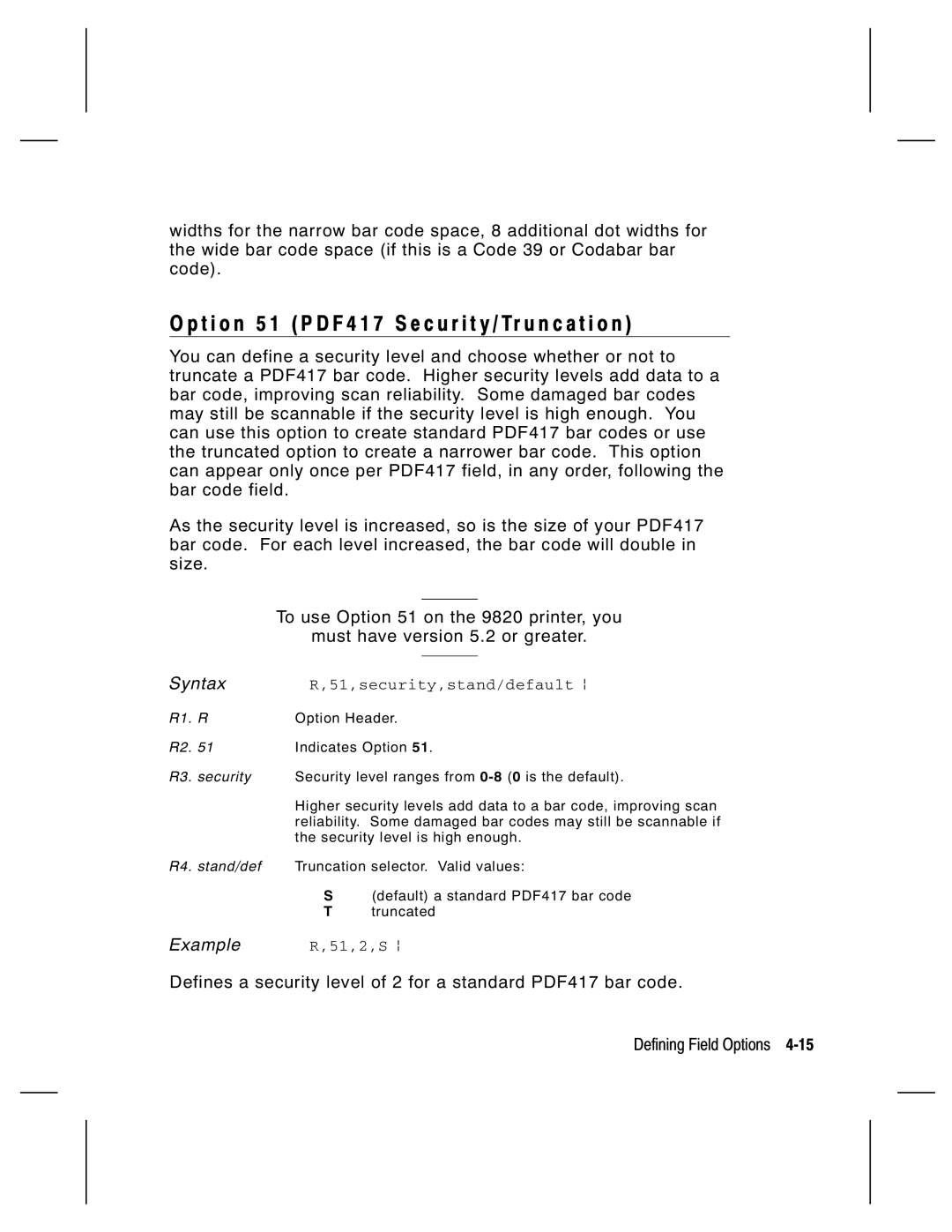 Monarch 9805, 9835, 9820, 9830 manual 51,security,stand/default p, 51,2,S p, Indicates Option 