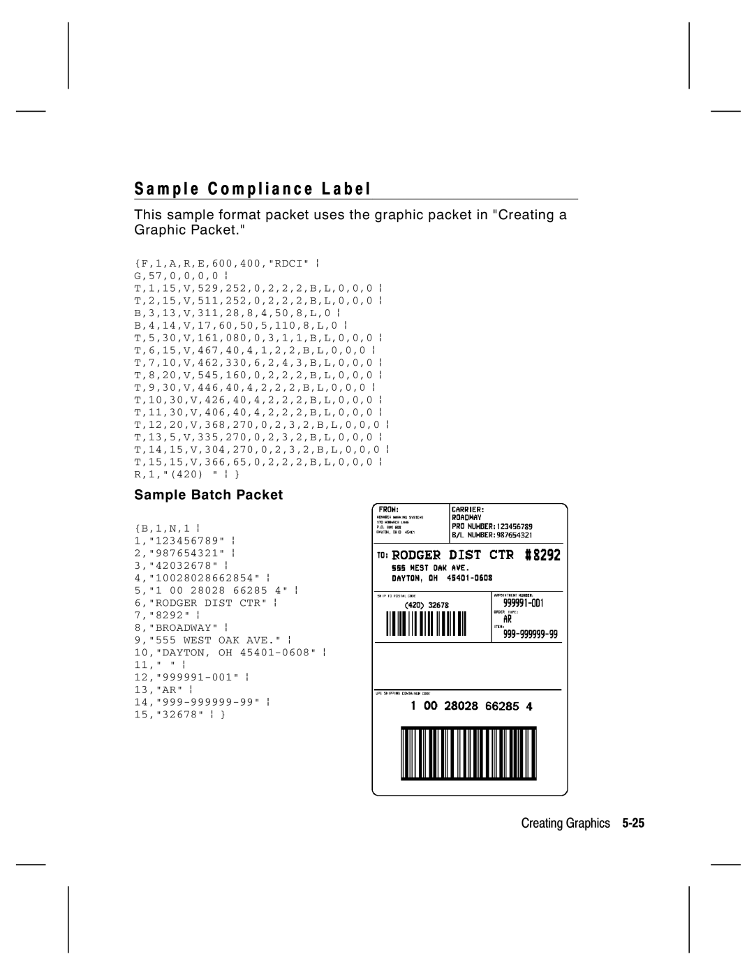 Monarch 9805, 9835, 9820, 9830 manual M p l e C o m p l i a n c e L a b e l, Sample Batch Packet 