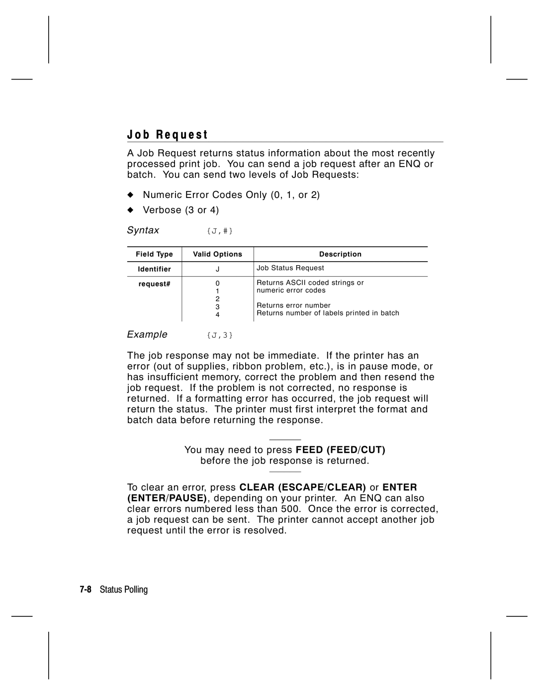 Monarch 9835, 9805, 9820, 9830 manual B R e q u e s t, Field Type Valid Options Description Identifier 