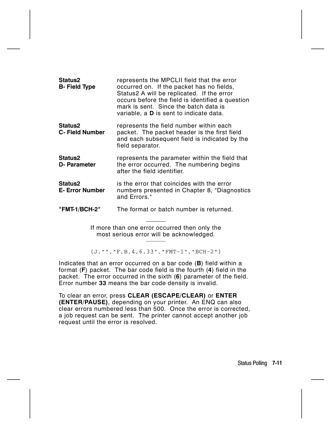 Monarch 9830, 9835, 9805, 9820 manual Field Number, Parameter, Error Number, FMT-1/BCH-2 