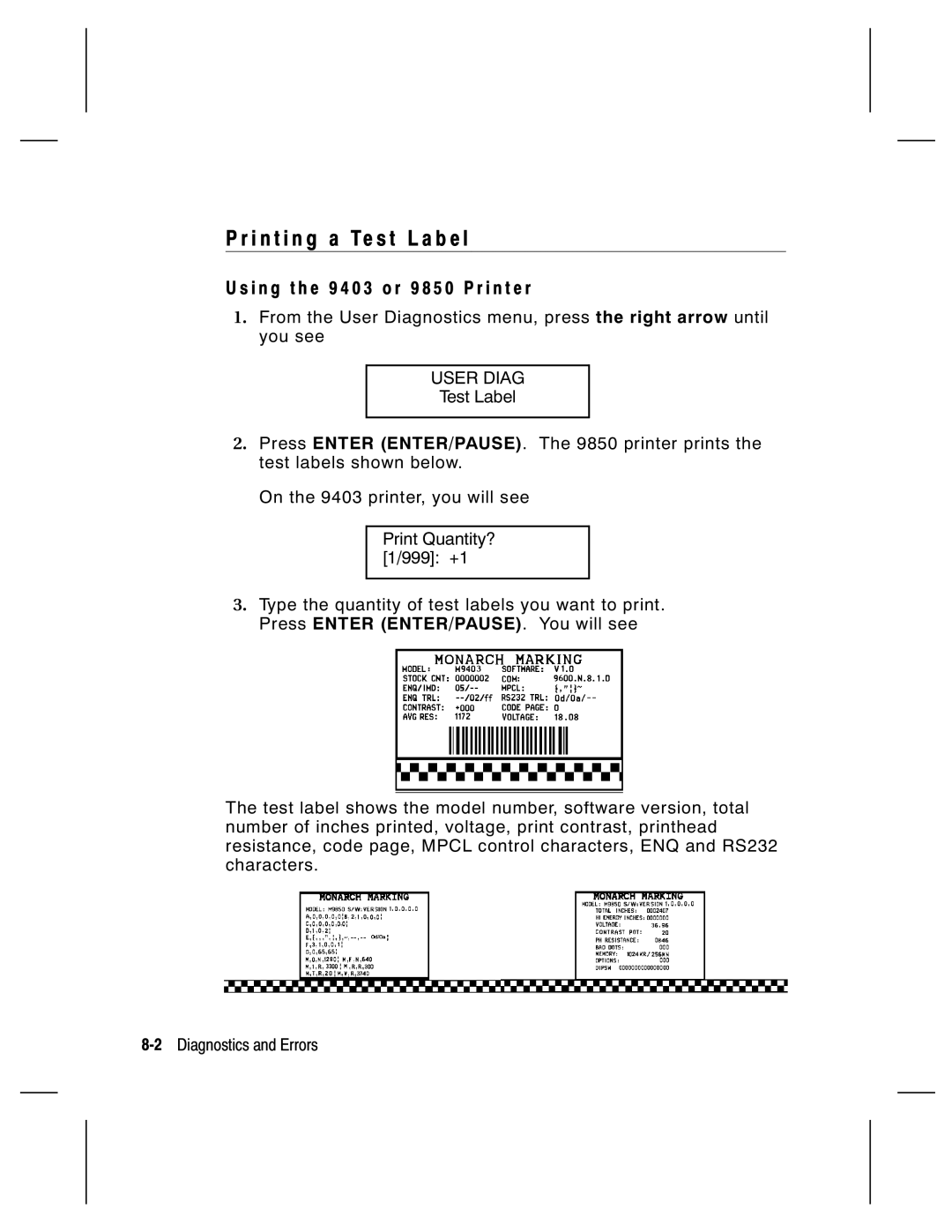 Monarch 9835, 9805, 9820, 9830 manual I n t i n g a Te s t L a b e l, I n g t h e 9 4 0 3 o r 9 8 5 0 P r i n t e r 