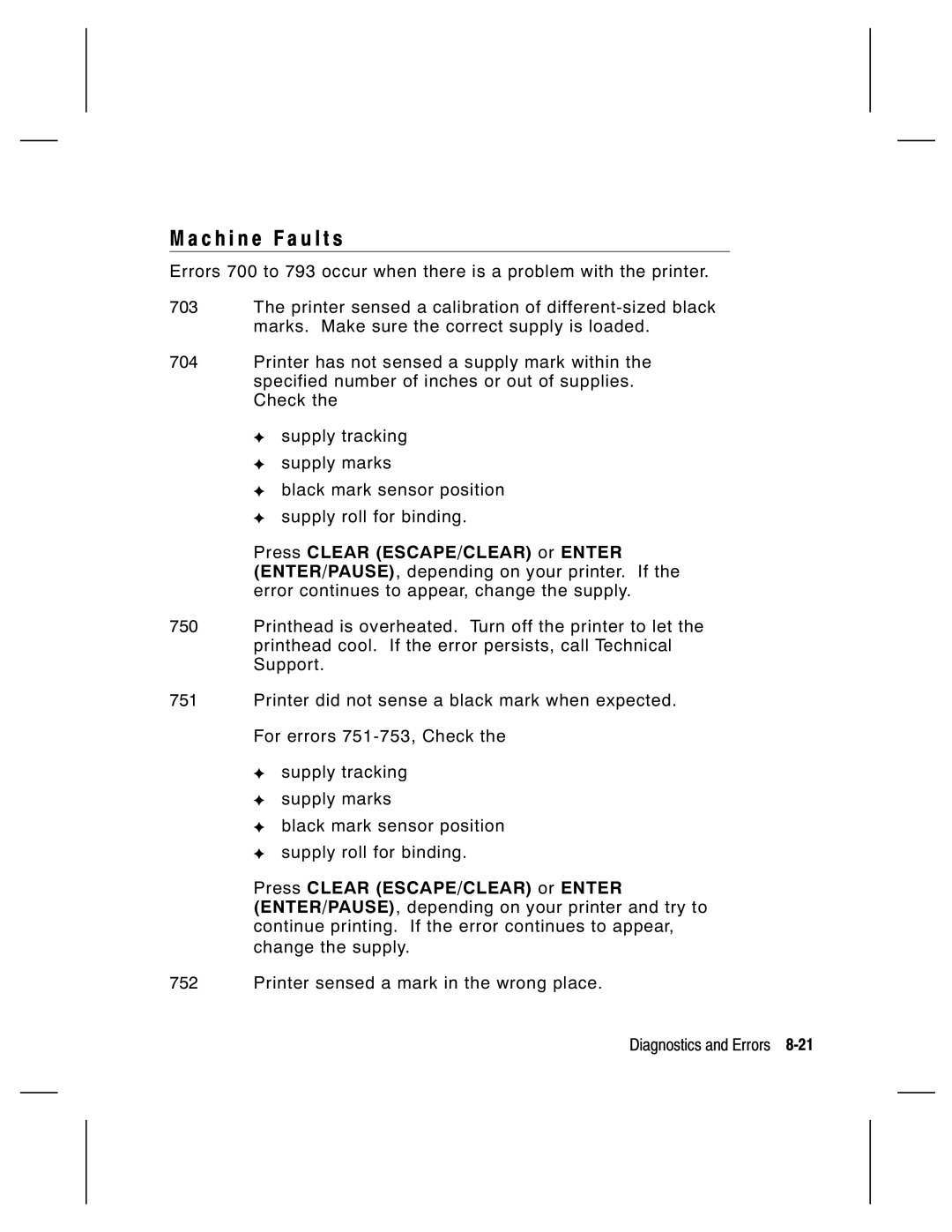 Monarch 9830, 9835, 9805, 9820 manual C h i n e Fault s 