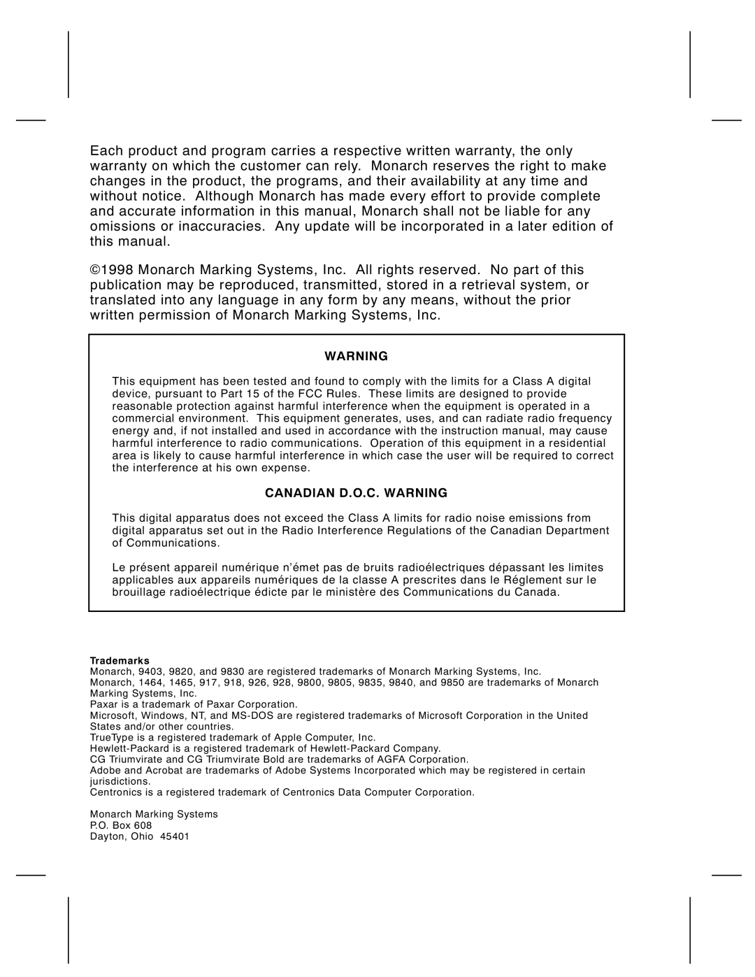 Monarch 9820, 9835, 9805, 9830 manual Canadian D.O.C. Warning, Trademarks 