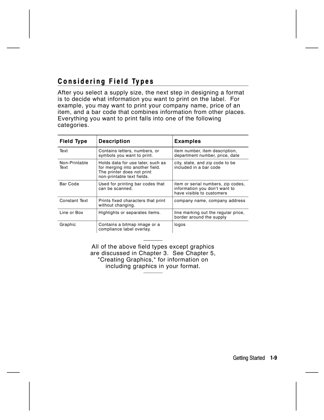 Monarch 9805, 9835, 9820, 9830 manual N s i d e r i n g F i e l d Ty p e s, Field Type Description Examples 