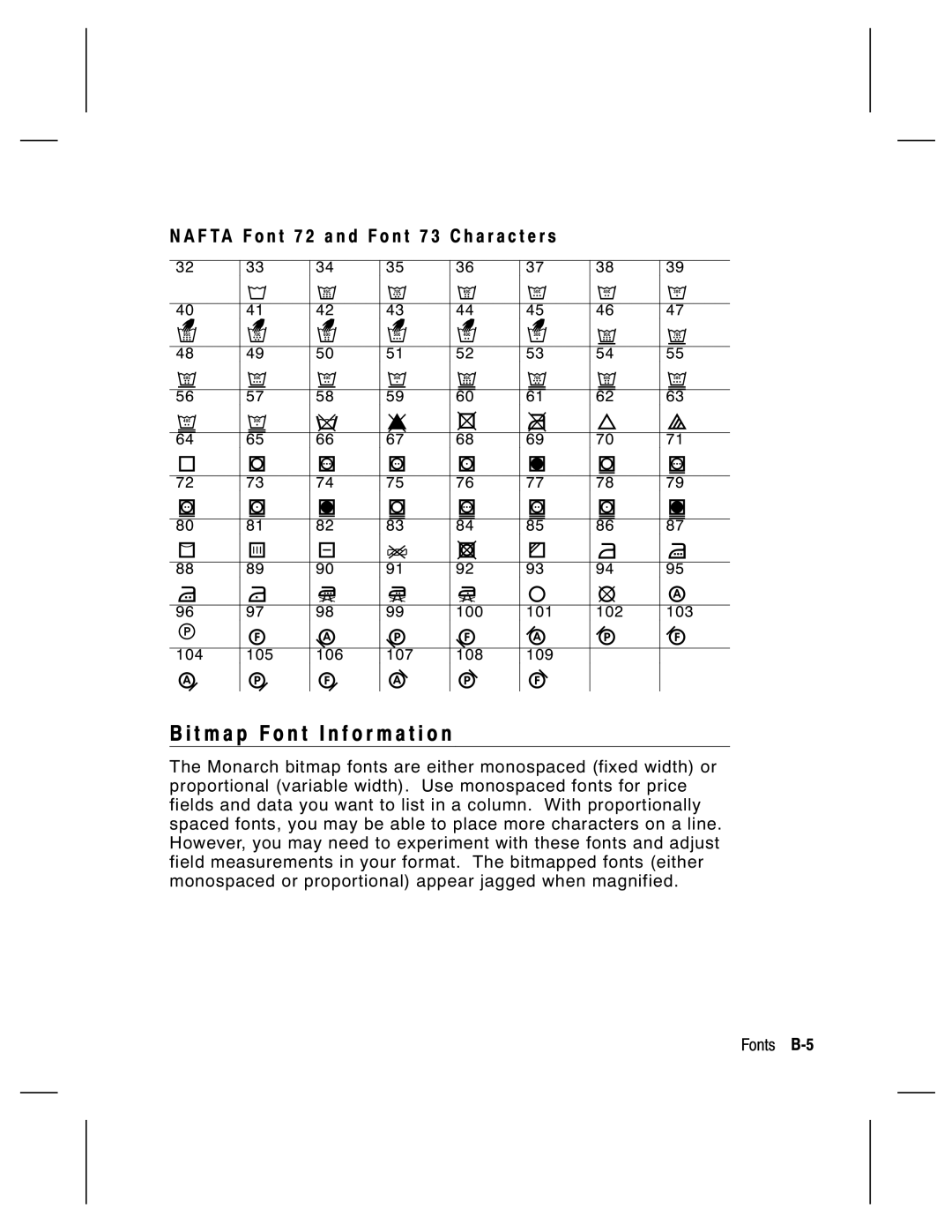 Monarch 9805, 9835, 9820, 9830 T m a p F o n t I n f o r m a t i o n, F TA F o n t 7 2 a n d F o n t 7 3 C h a r a c t e r s 