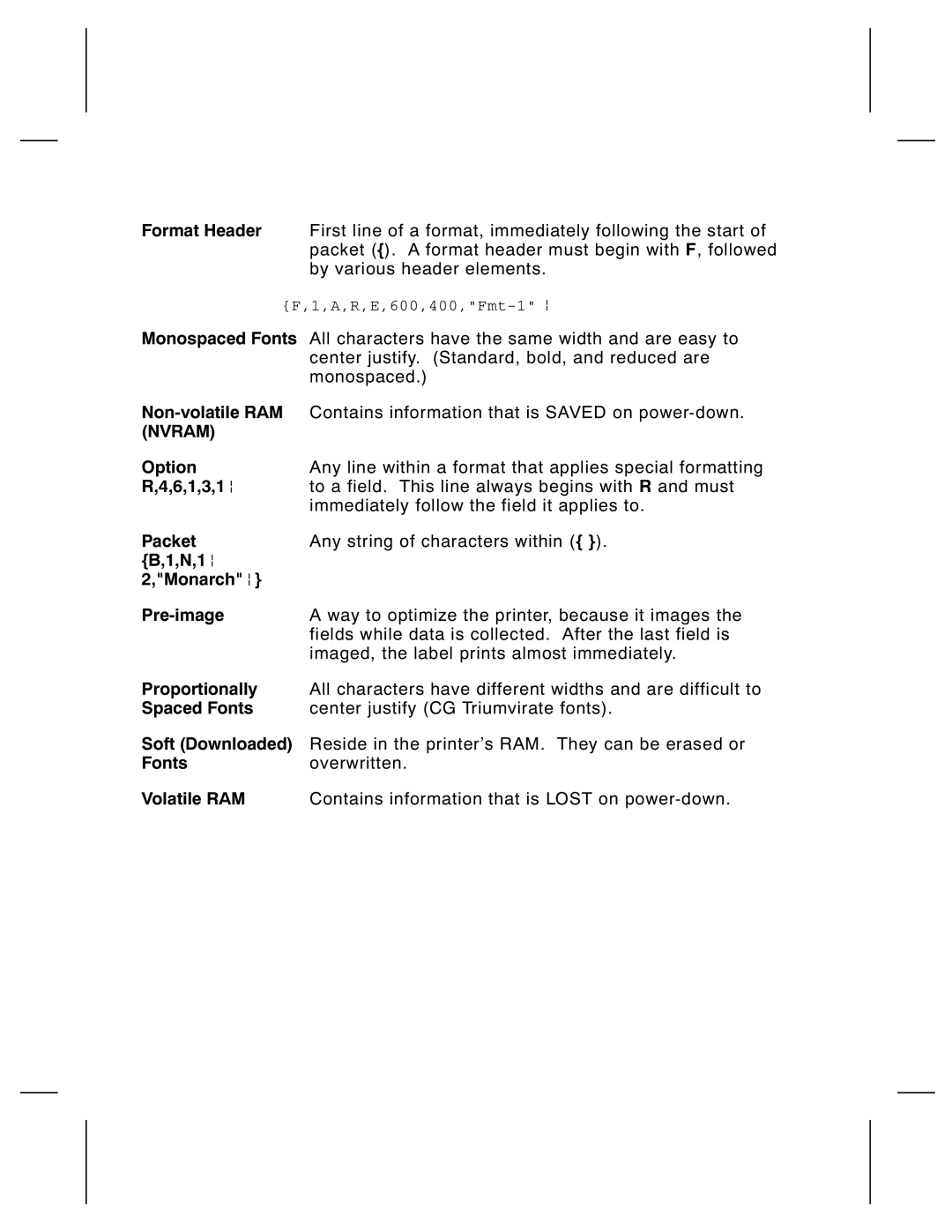 Monarch 9835 Monospaced Fonts, Non-volatile RAM, Option, 6,1,3,1 p, Packet, N,1 p Monarch p Pre-image, Proportionally 