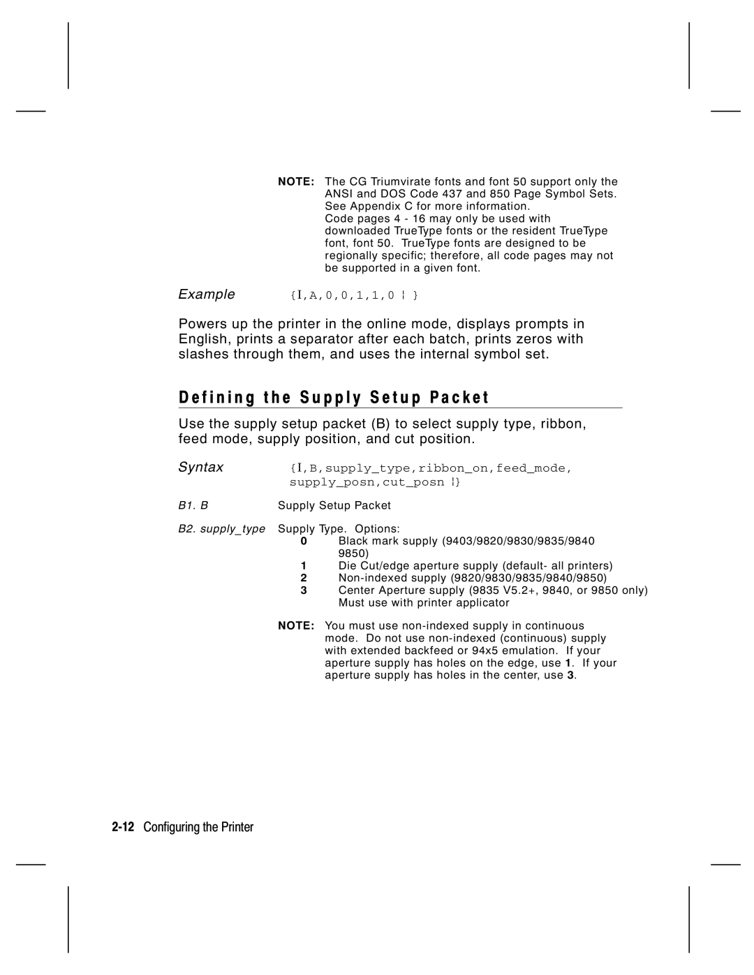 Monarch 9835 F i n i n g t h e S u p p l y S e t u p P a c k e t, 12Configuring the Printer, B1. B Supply Setup Packet 