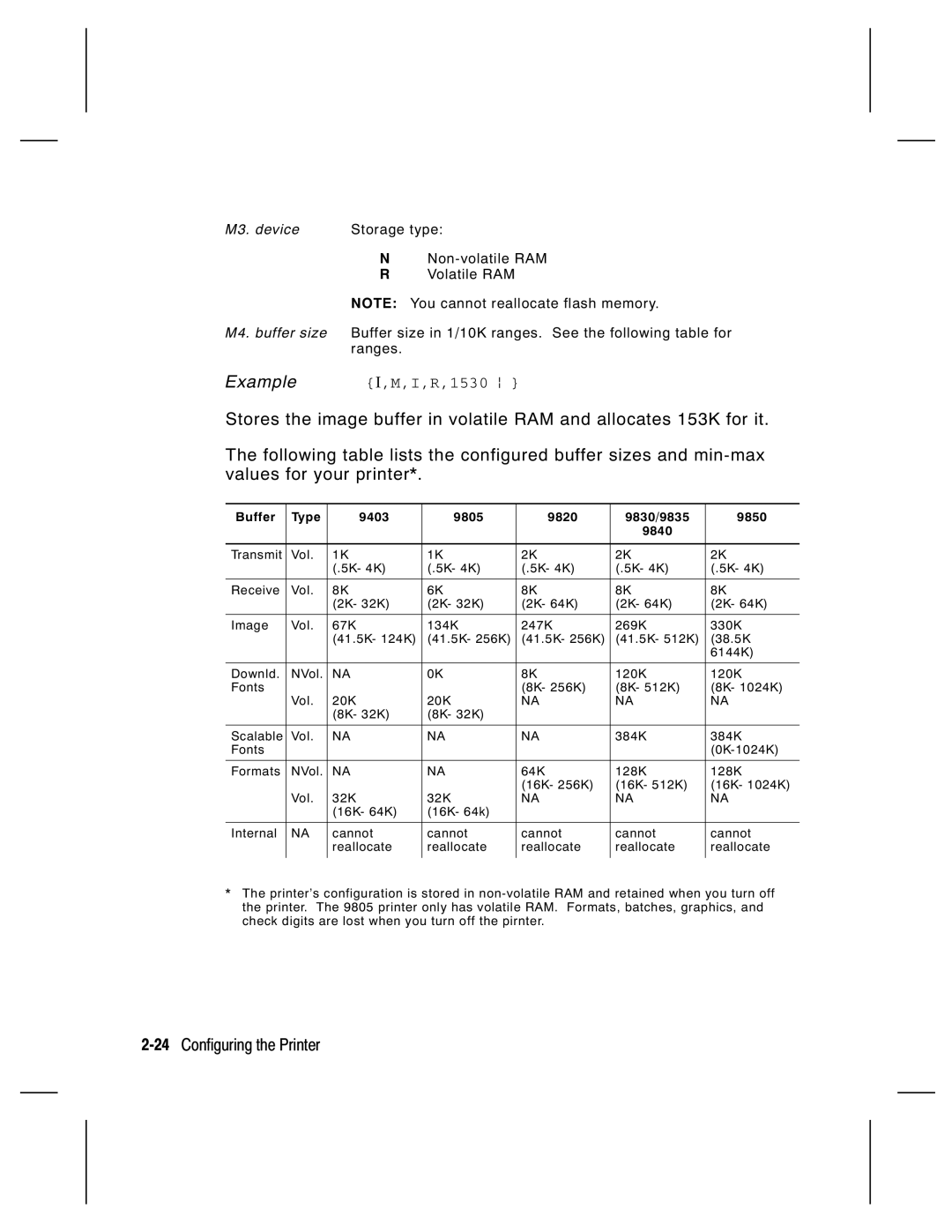 Monarch manual 24Configuring the Printer, M3. device Storage type, Buffer Type 9403 9805 9820 9830/9835 9850 9840 