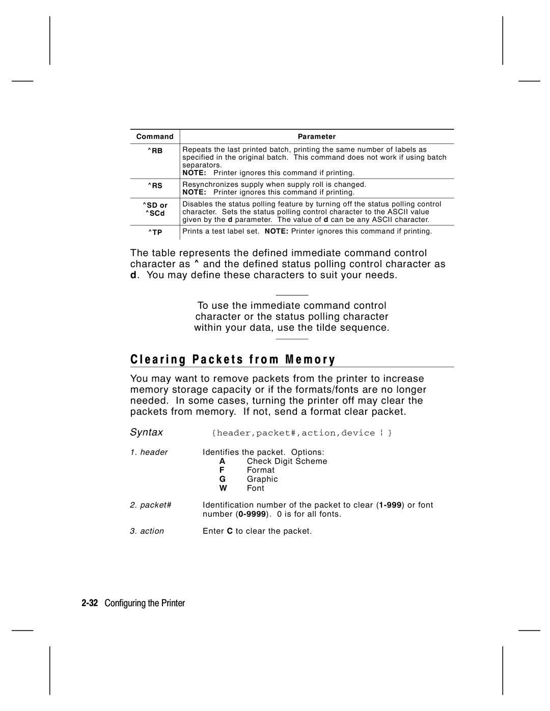 Monarch 9835 E a r i n g P a c k e t s f r o m M e m o r y, 32Configuring the Printer, Action Enter C to clear the packet 