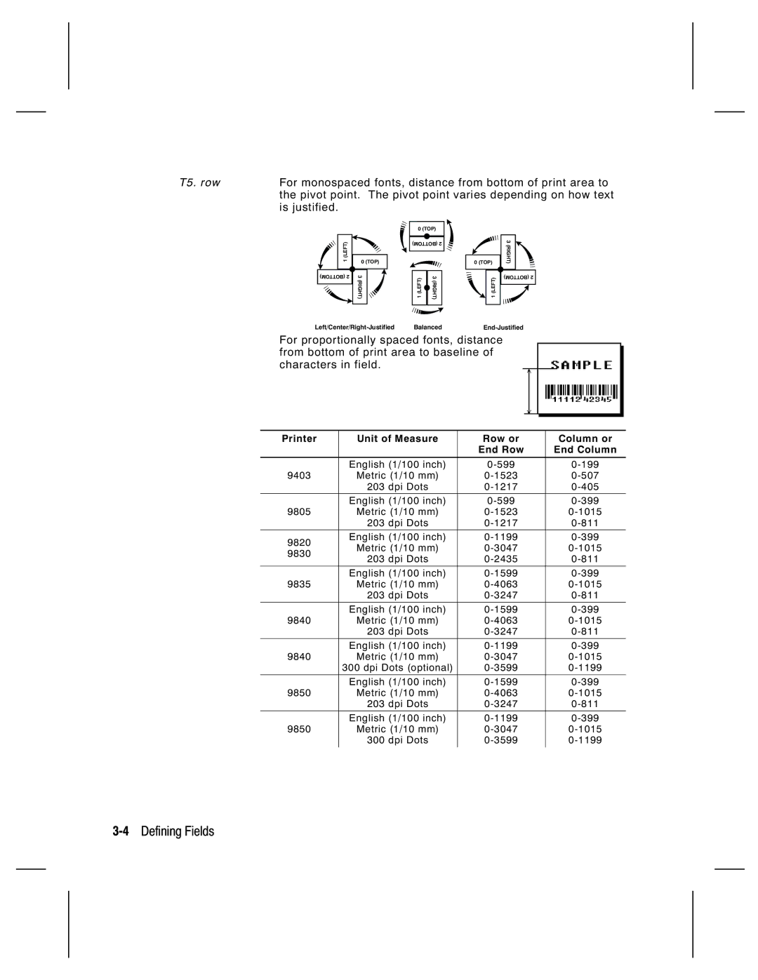 Monarch 9835, 9805, 9820, 9830 manual 4Defining Fields, Printer Unit of Measure Row or Column or End Row End Column 