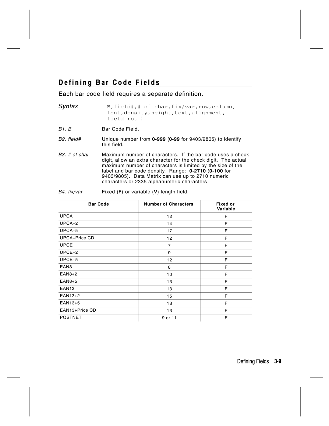 Monarch 9805, 9835, 9820, 9830 manual F i n i n g B a r code F i e l d s, Each bar code field requires a separate definition 