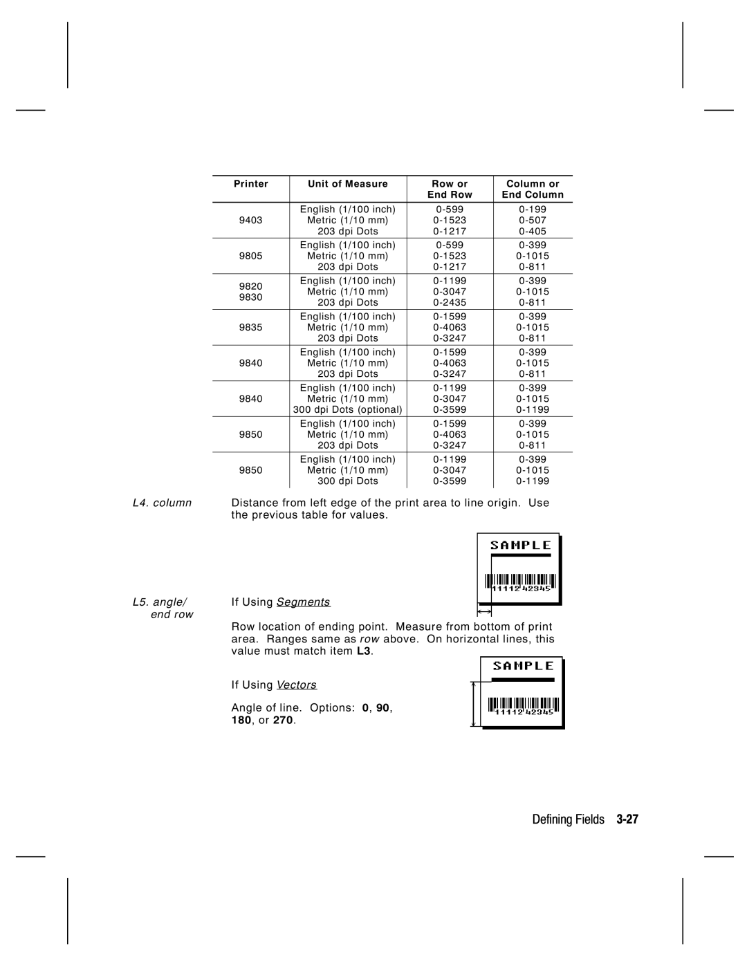 Monarch 9830, 9835, 9805 L5. angle/ If Using Segments end row, Printer Unit of Measure Row or Column or End Row End Column 