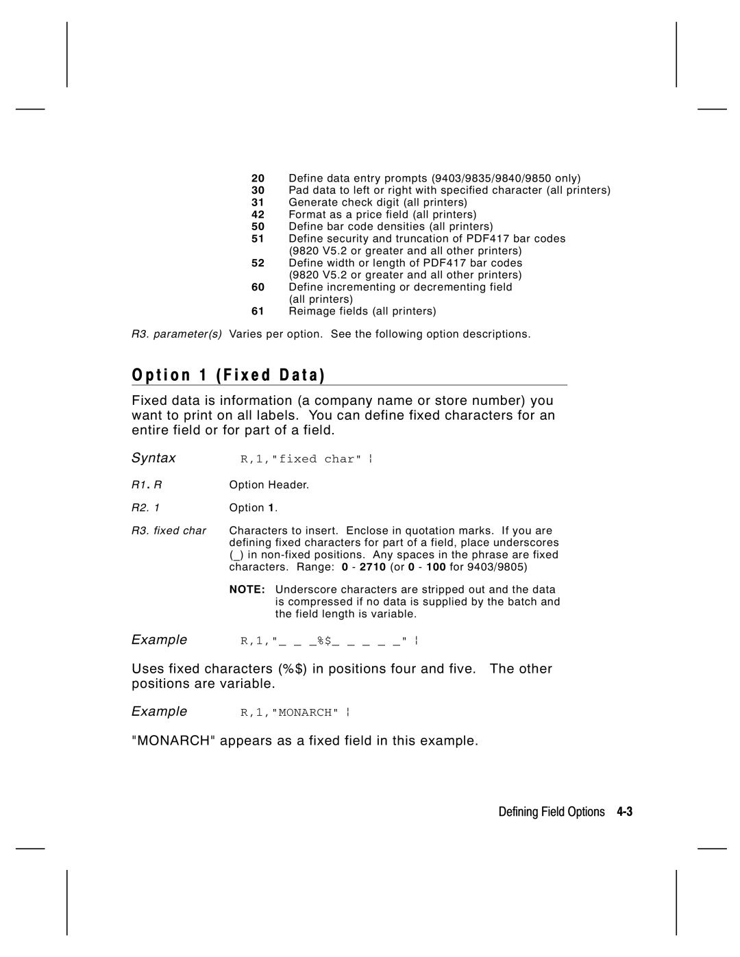 Monarch 9805, 9835, 9820, 9830 manual T i o n 1 F i x e d D a t a, Fixed char p, $ p 