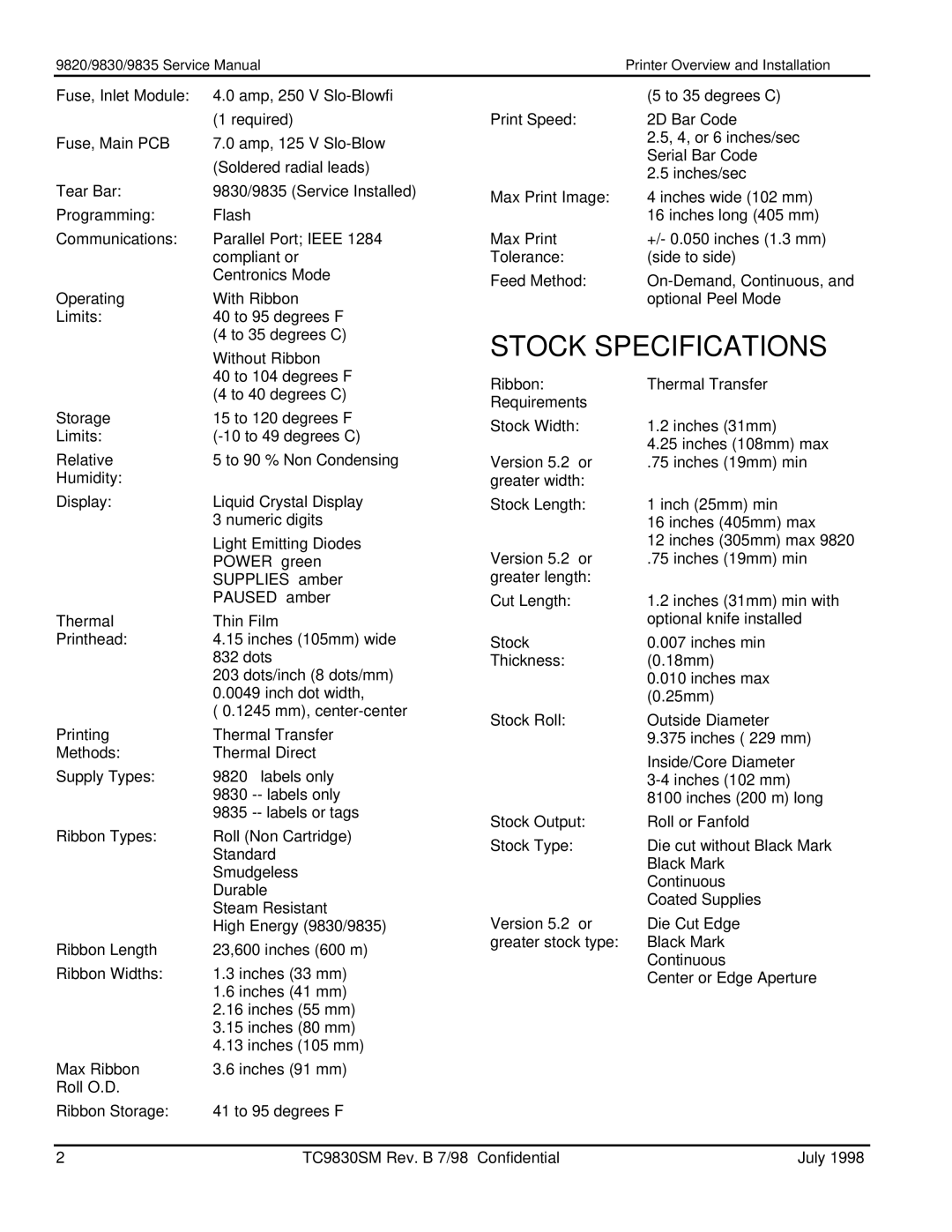 Monarch 9820TM, 9835TM, 9830TM manual Stock Specifications, Version 5.2 or, TC9830SM Rev. B 7/98 Confidential July 