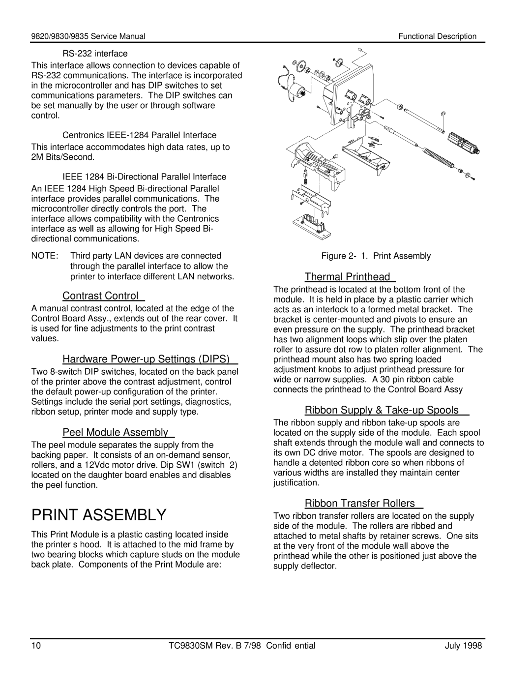 Monarch 9830TM, 9835TM, 9820TM manual Print Assembly 