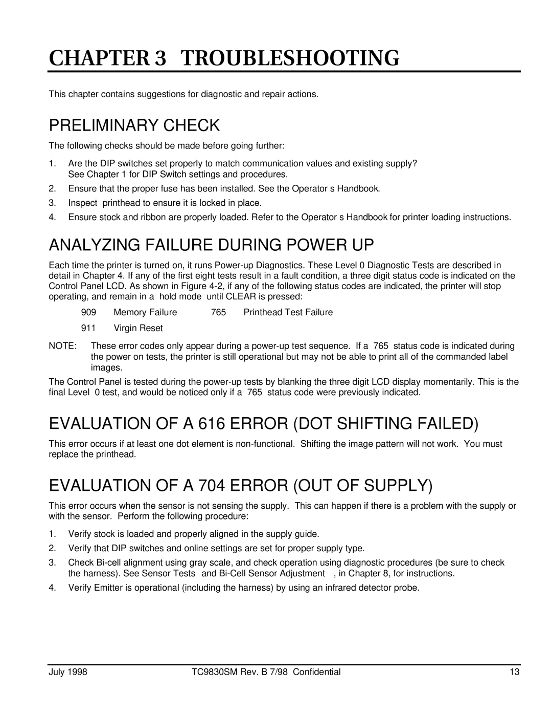 Monarch 9830TM, 9835TM, 9820TM manual Troubleshooting, Preliminary Check, Analyzing Failure During Power UP 