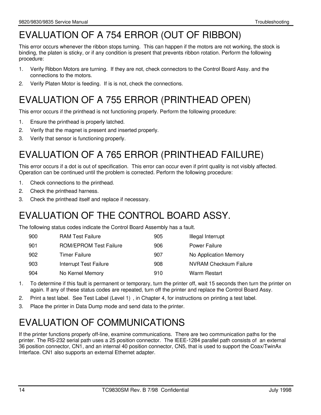 Monarch 9820TM, 9835TM, 9830TM manual Evaluation of a 754 Error OUT of Ribbon, Evaluation of a 755 Error Printhead Open 