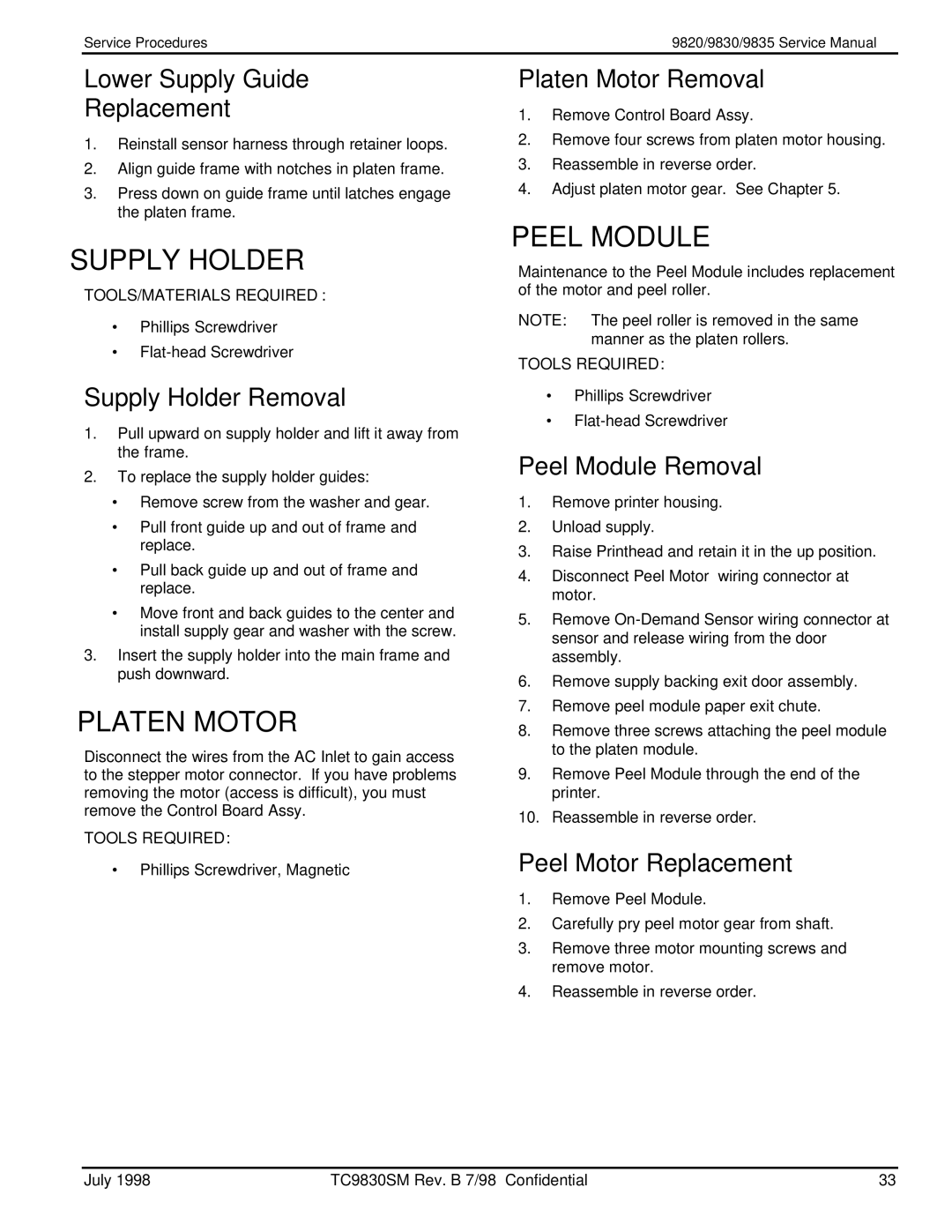 Monarch 9830TM, 9835TM, 9820TM manual Supply Holder, Platen Motor, Peel Module 