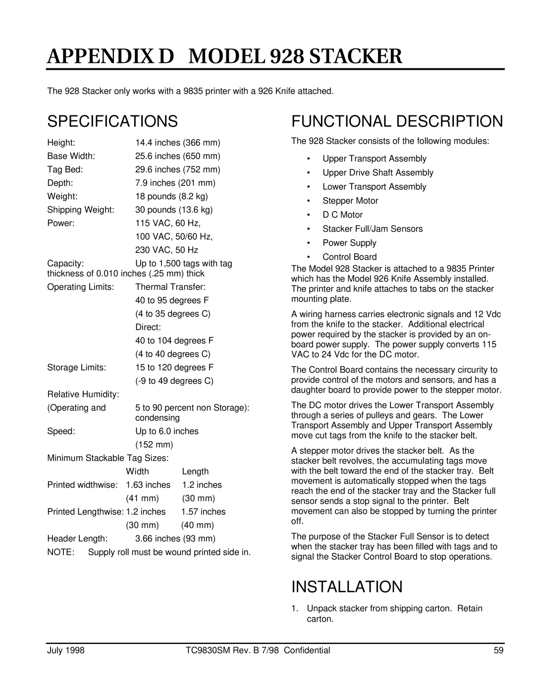 Monarch 9835TM, 9830TM, 9820TM manual Appendix D Model 928 Stacker, Specifications, Functional Description, Installation 