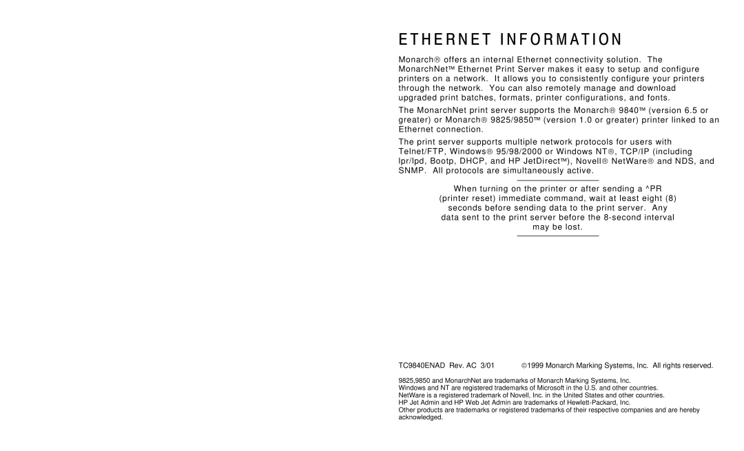 Monarch 9840 manual H E R N E T I N F O R M a T I O N 