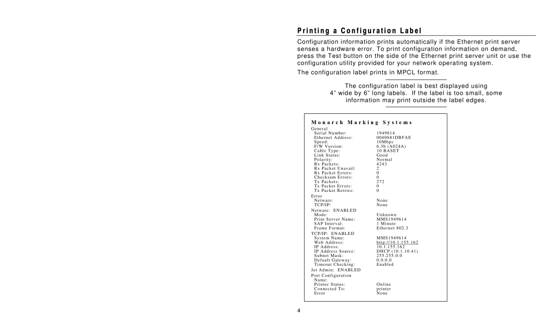 Monarch 9840 manual I n t i n g a C o n f i g u r a t i o n L a b e l, N a r c h M a r k i n g S y s t e m s 