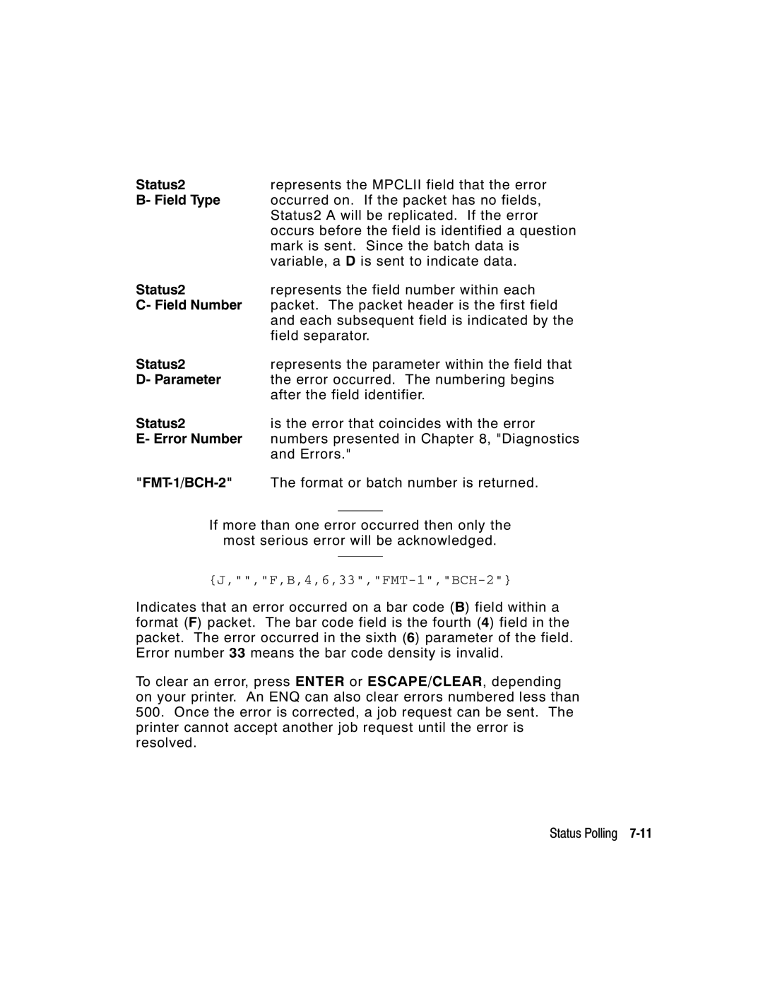 Monarch 9403, 9850, 9825 manual Field Number, Parameter, Error Number, FMT-1/BCH-2 