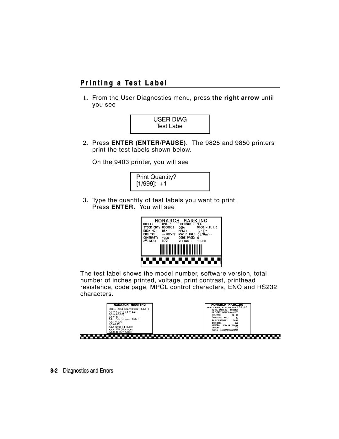 Monarch 9850, 9825, 9403 manual I n t i n g a Te s t L a b e l, User Diag 