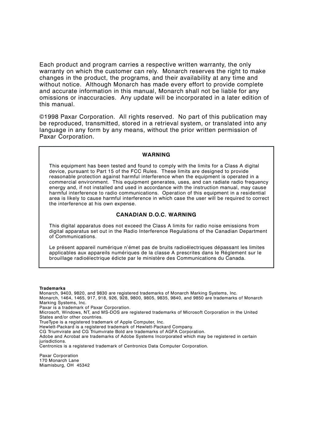 Monarch 9403, 9850, 9825 manual Canadian D.O.C. Warning, Trademarks 