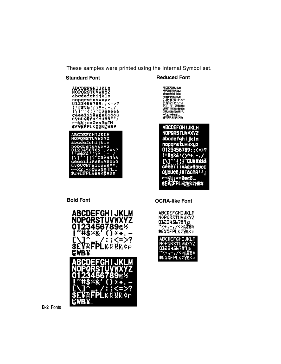 Monarch 9403, 9850, 9825 manual These samples were printed using the Internal Symbol set, Standard Font, Bold Font, 2Fonts 