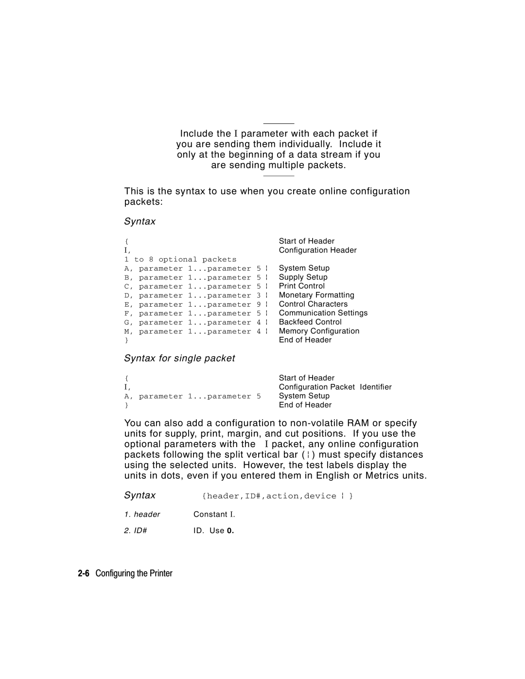 Monarch 9403, 9850, 9825 manual 6Configuring the Printer, Header,ID#,action,device p, Header Constant ID# ID. Use 