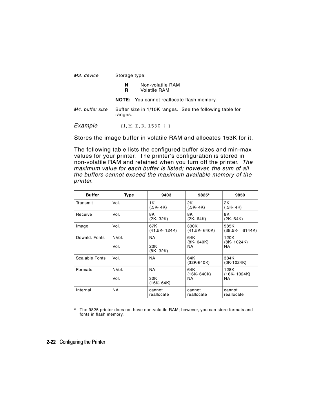 Monarch manual 22Configuring the Printer, M3. device Storage type, Buffer Type 9403 9825 9850 