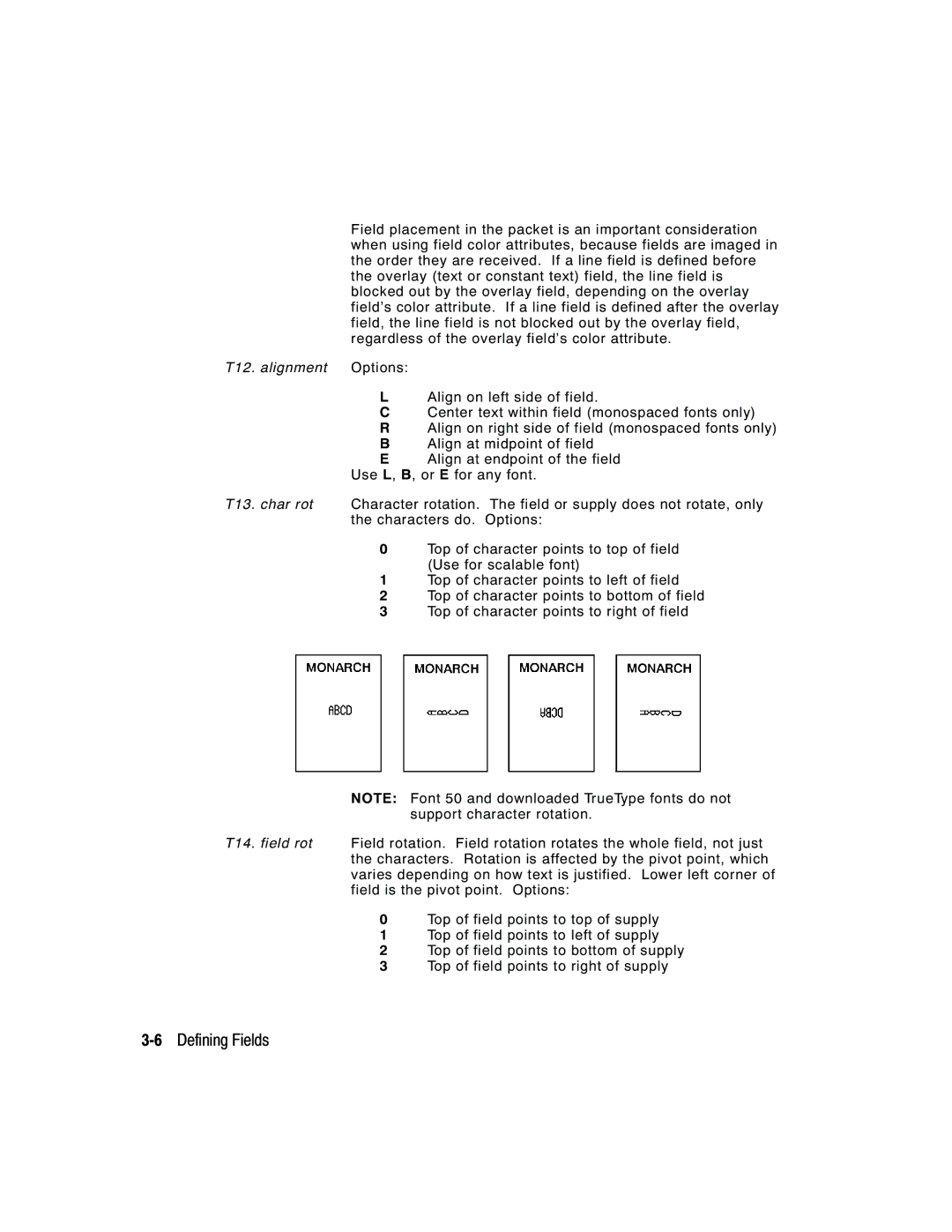 Monarch 9825, 9850, 9403 manual 6Defining Fields, T12. alignment 