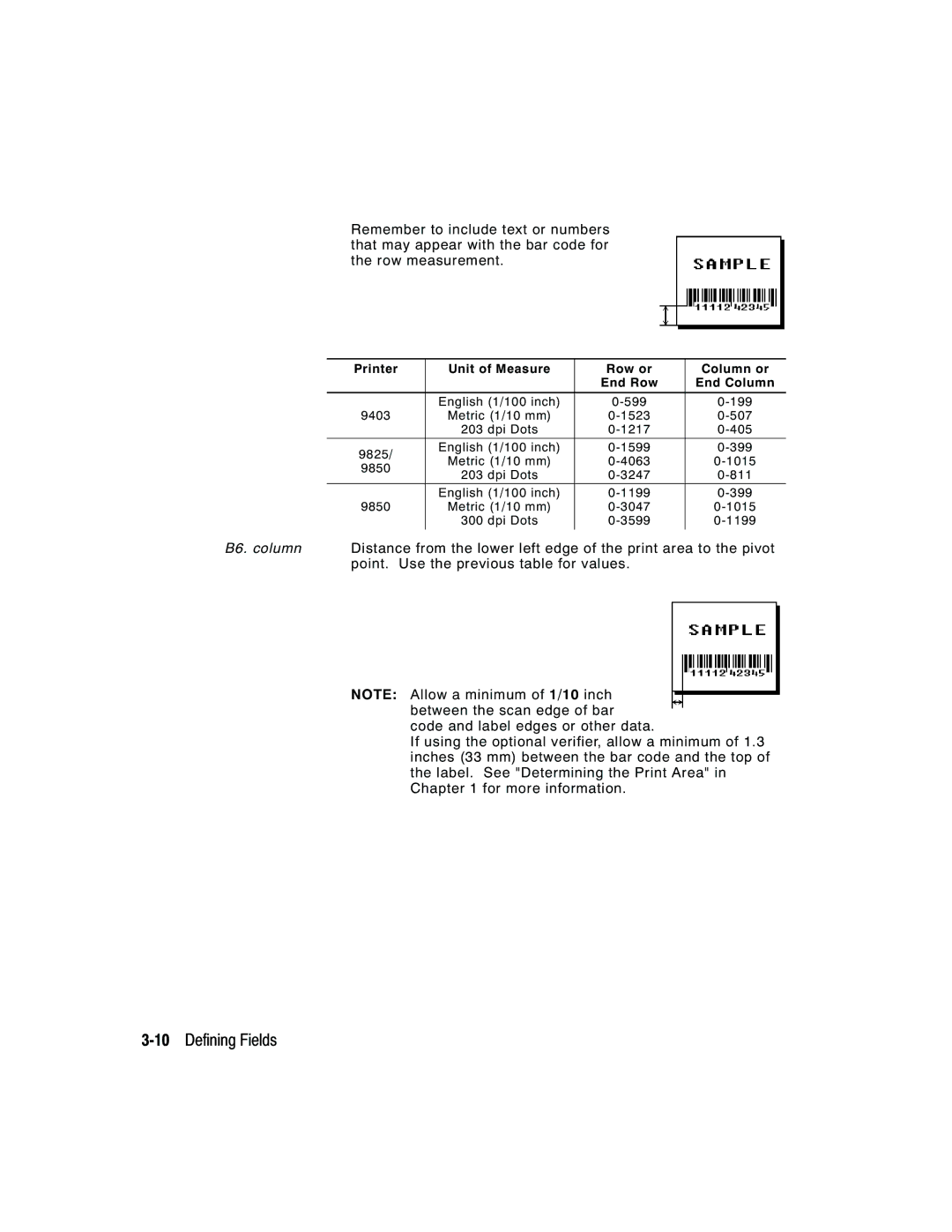 Monarch 9403, 9850, 9825 manual 10Defining Fields, Printer Unit of Measure Row or Column or End Row End Column 