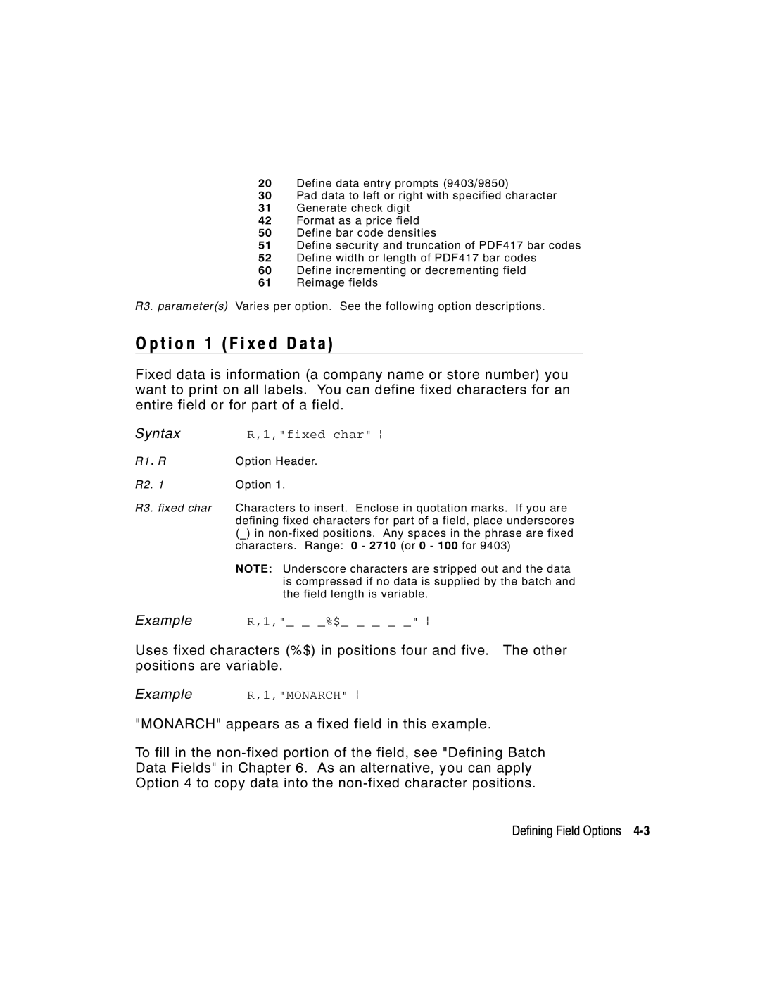 Monarch 9825, 9850, 9403 manual T i o n 1 F i x e d D a t a, Fixed char p, $ p 