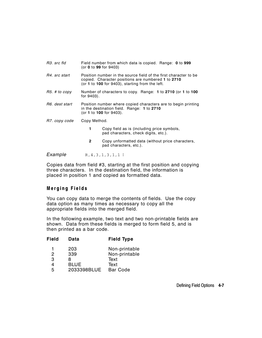 Monarch 9403, 9850, 9825 manual R g i n g F i e l d s, Non-printable 339 Text, 2033398BLUE Bar Code Defining Field Options 