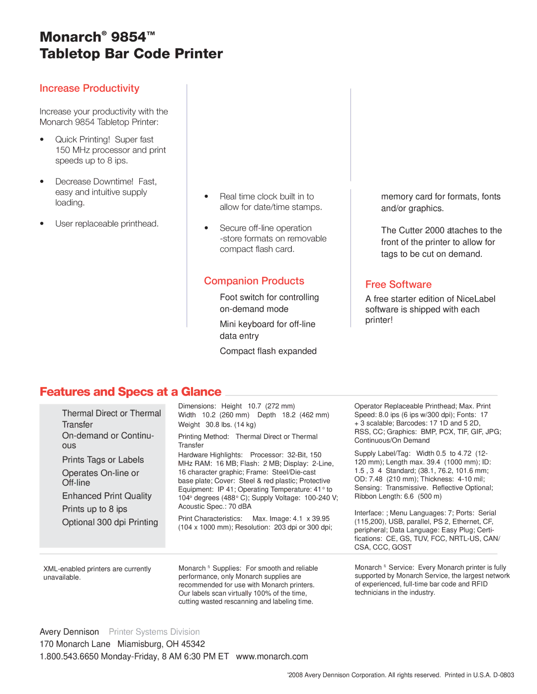 Monarch 9854 manual Features and Specs at a Glance, Increase Productivity, Companion Products, Free Software 