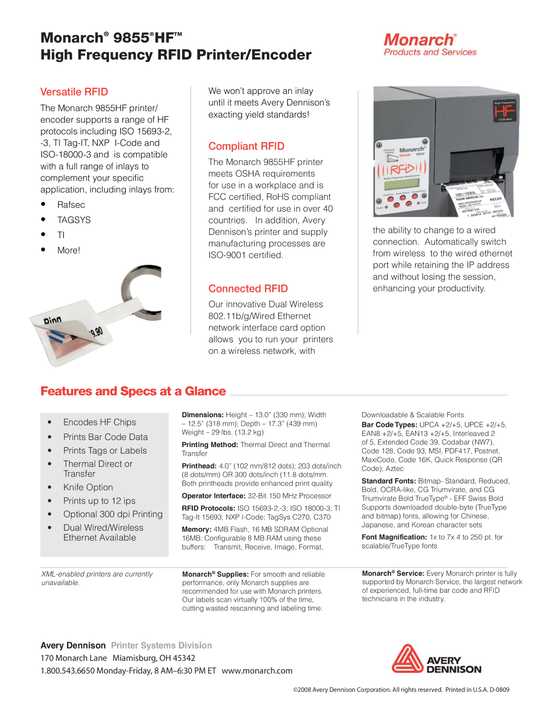 Monarch 9855 HF manual Versatile Rfid, Compliant Rfid, Connected Rfid 