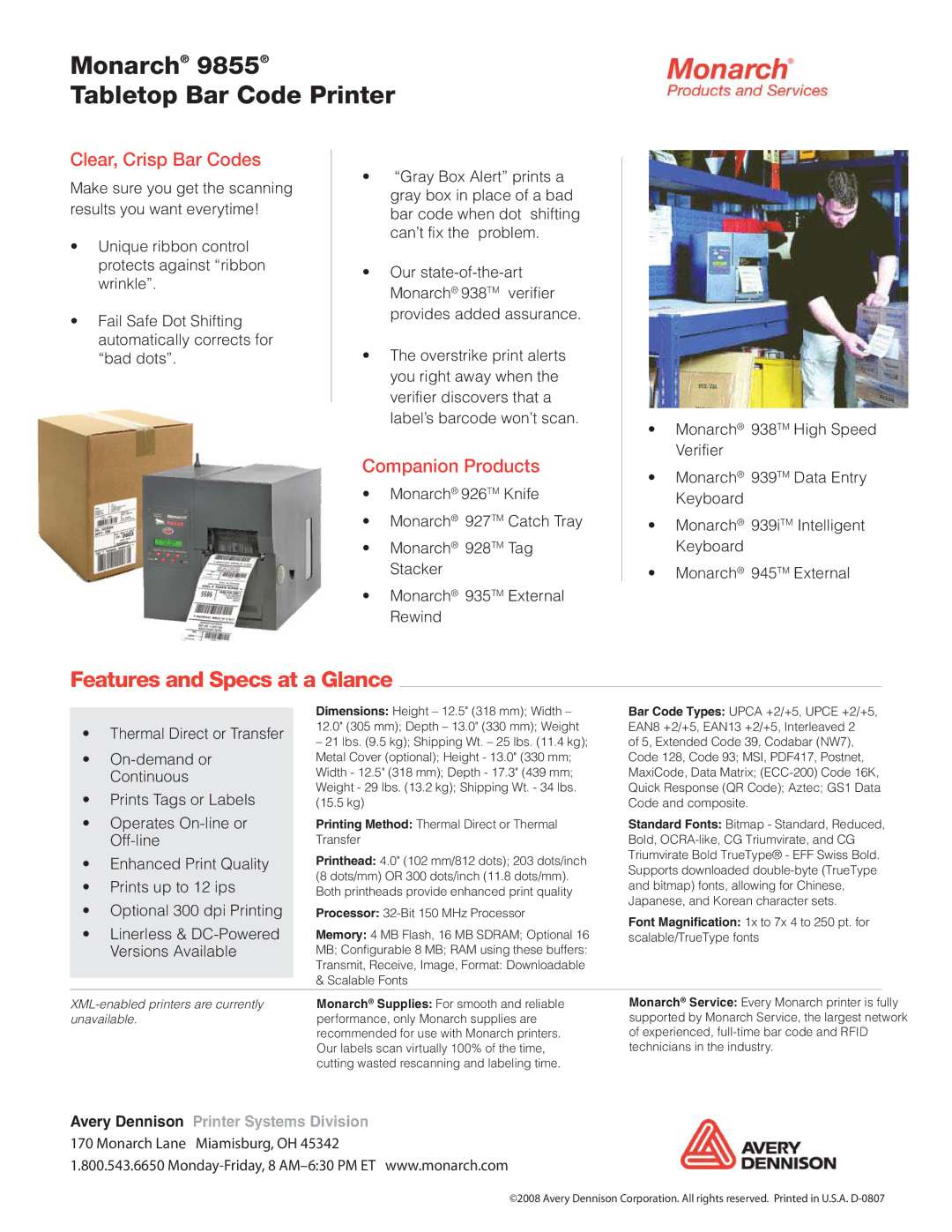 Monarch 9855 manual Features and Specs at a Glance, Clear, Crisp Bar Codes, Companion Products 