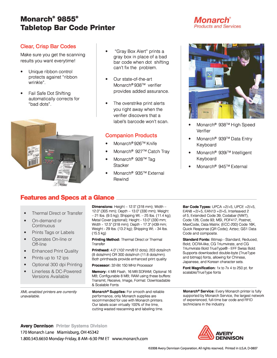Monarch 9855 Clear, Crisp Bar Codes, Companion Products, Monarch Tabletop Bar Code Printer, Features and Specs at a Glance 