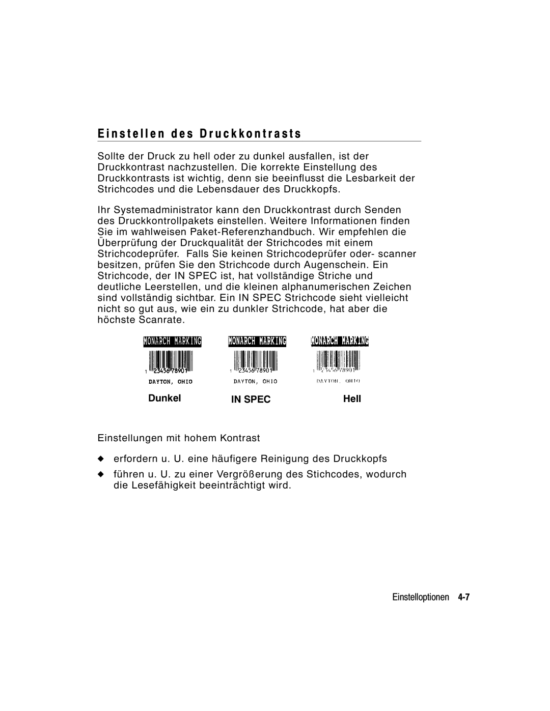 Monarch 9860 manual N s t e l l e n d e s D r u c k k o n t r a s t s, Dunkel 