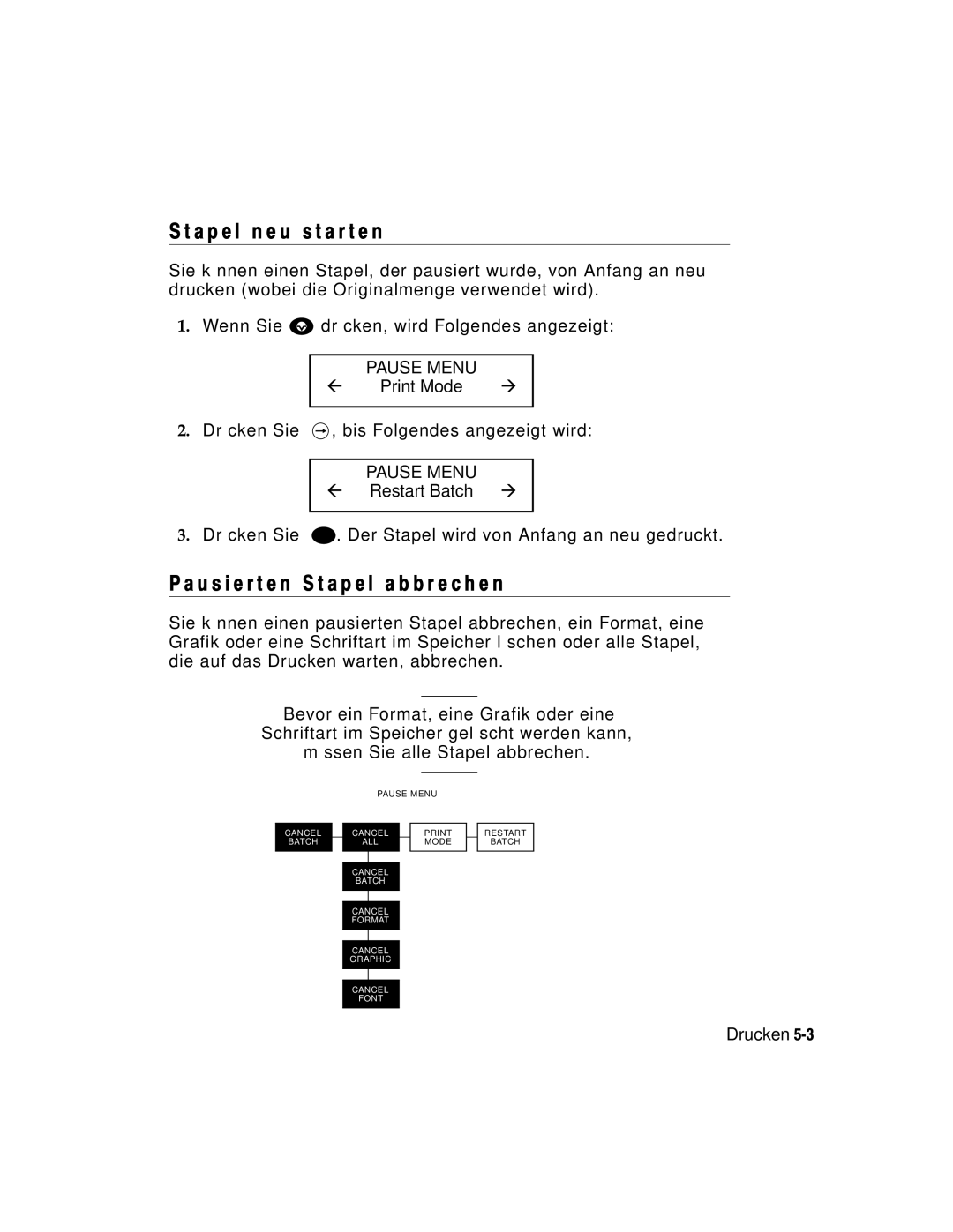 Monarch 9860 manual A p e l n e u s t a r t e n, U s i e r t e n S t a p e l a b b r e c h e n 